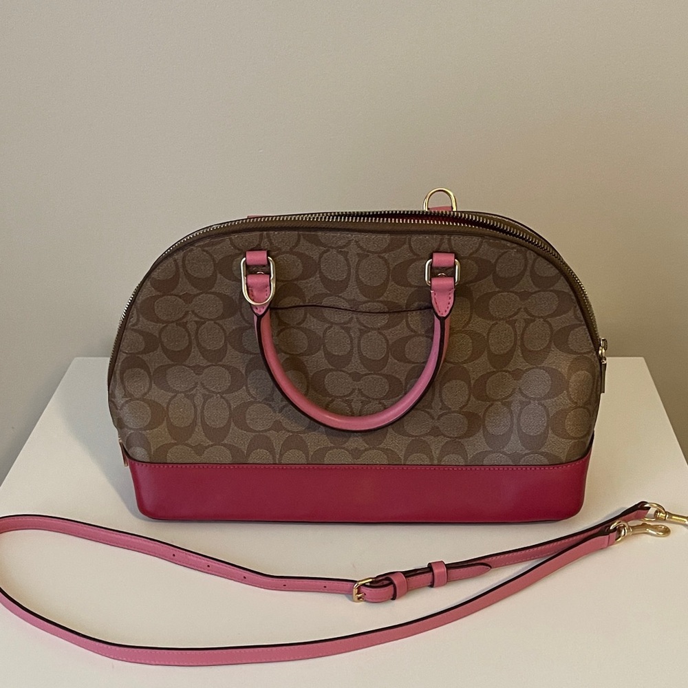 Coach Brown Signature Dome Satchel with Hot Pink Trim - Picture 6 of 8